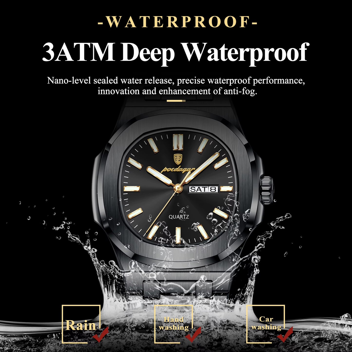 Luxury Square Men'S Watches Waterproof Luminous Date Week Men Watch Stainless Steel Fashion Quartz Man Wristwatch Reloj