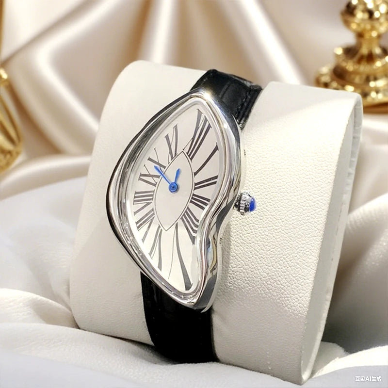 Medieval Retr Watches Alien Watches Melt and Twist Y2K Ladies Men Leather Strap Advanced Quartz Watch Irregular Case Leather